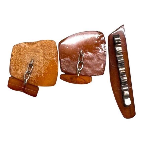 Old Amber Tie Clasp Clip Cufflinks Sterling Vtg Baltic Honey Stone Butterscotch - Picture 3 of 6